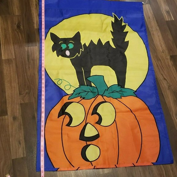 Vintage HALLOWEEN Jack O Lantern BLACK CAT Full Moon Garden Flag NWT House Decor - Picture 11 of 12